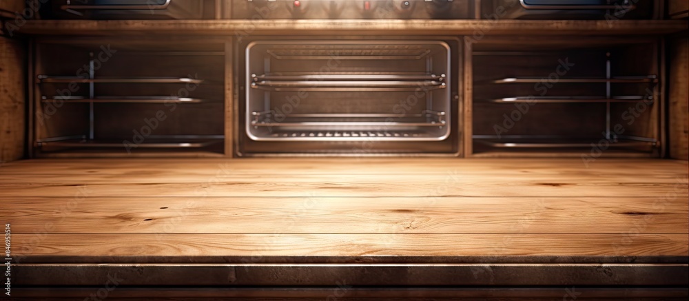 Aufkleber rubber wood board placed inside the oven, alongside a wooden counter surface. with copy space image.