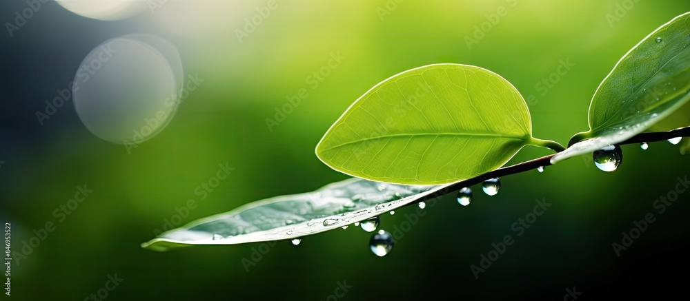 Aufkleber Close-up shot of green leaf with rainwater droplets on its surface. with copy space image. Place for adding text or design