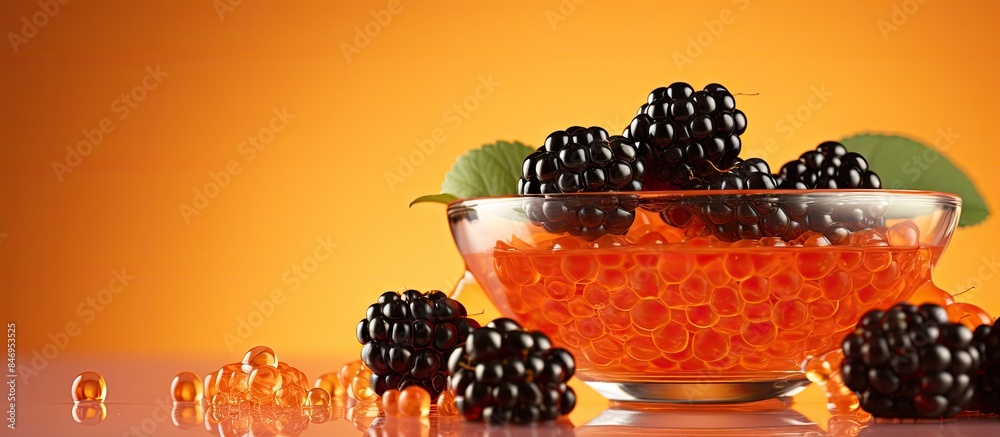 Poster bowl filled with fresh blackberries beside vibrant orange beads. with copy space image. place for ad
