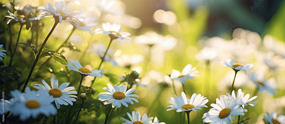 Aufkleber field filled with many white flowers basking in the sunlight, with a close-up view of an overgrown d