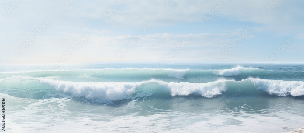 Poster Powerful wave hitting the sandy beach with force as part of the coastal seascape. with copy space image. Place for adding text or design