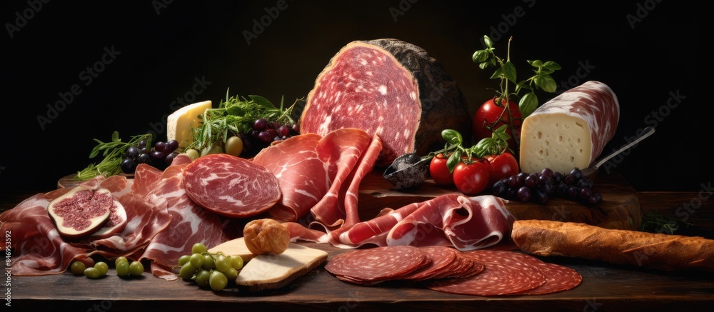 Poster Close-up view of a variety of meats, cheeses, bread, and vegetables arranged neatly on a table. with copy space image. Place for adding text or design