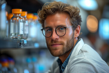 Fototapeta premium Smiling young scientist in lab coat and glasses in a laboratory.