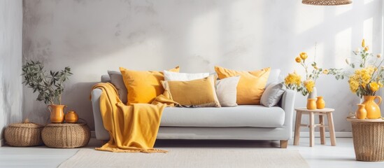 Gray sofa adorned with honey yellow pillows in a cozy boho living room with white stand lamp, basket of flowers, plants, and elegant personal accessories. with copy space image