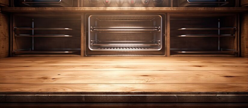 Rubber wood board placed inside the oven, alongside a wooden counter surface. with copy space image. Place for adding text or design