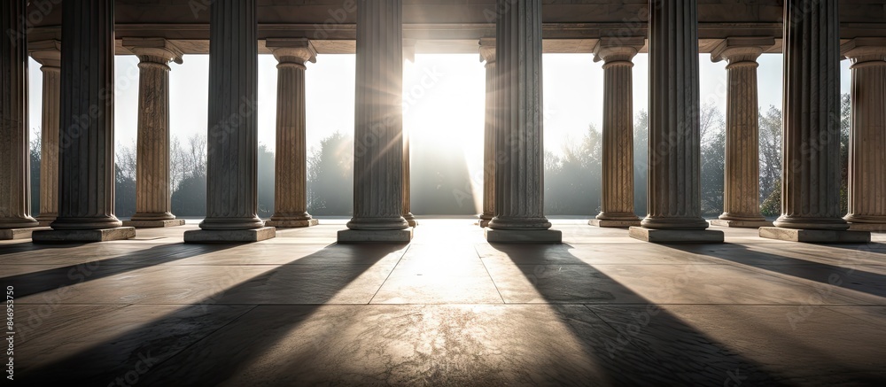 Poster large room with pillars and sunlight shining through windows, creating dramatic shadows. with copy s