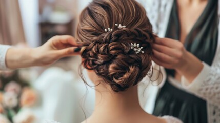 A woman with long, dark hair is getting her hair styled for her wedding. A stylist is carefully placing a jeweled hair accessory in her hair.