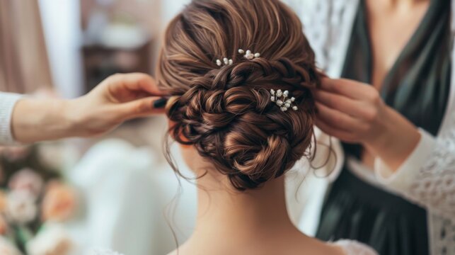 A woman with long, dark hair is getting her hair styled for her wedding. A stylist is carefully placing a jeweled hair accessory in her hair.
