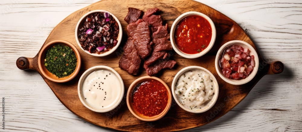 Poster assorted sauces and meats displayed on a wooden board, offering a variety of flavors and choices. wi