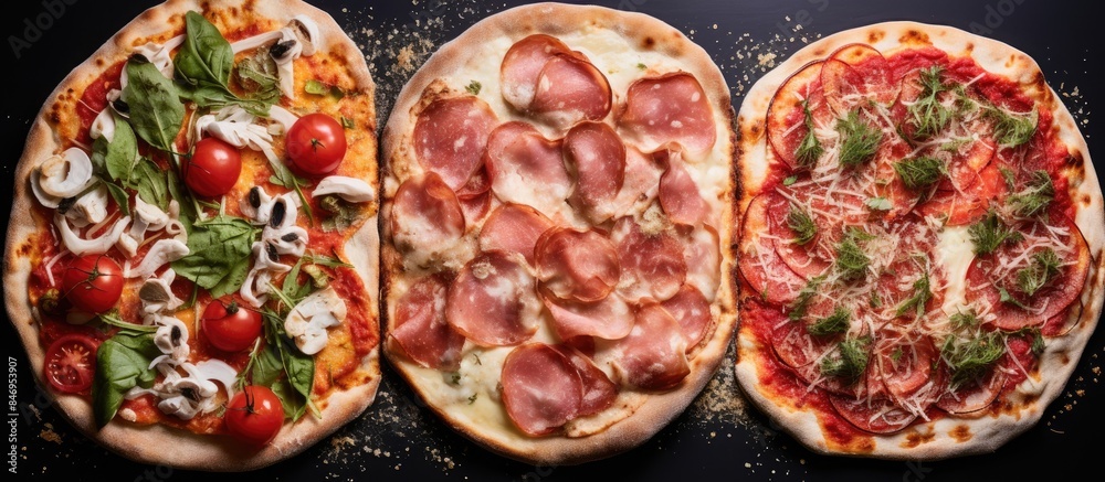 Aufkleber Assorted Neapolitan pizzas showcased up close on a black tabletop, highlighting their distinct toppings and textures. with copy space image. Place for adding text or design