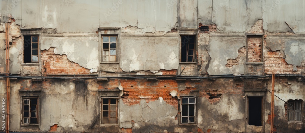Aufkleber Old, damaged structure supported by scaffolding reveals cracks in its facade. with copy space image. Place for adding text or design