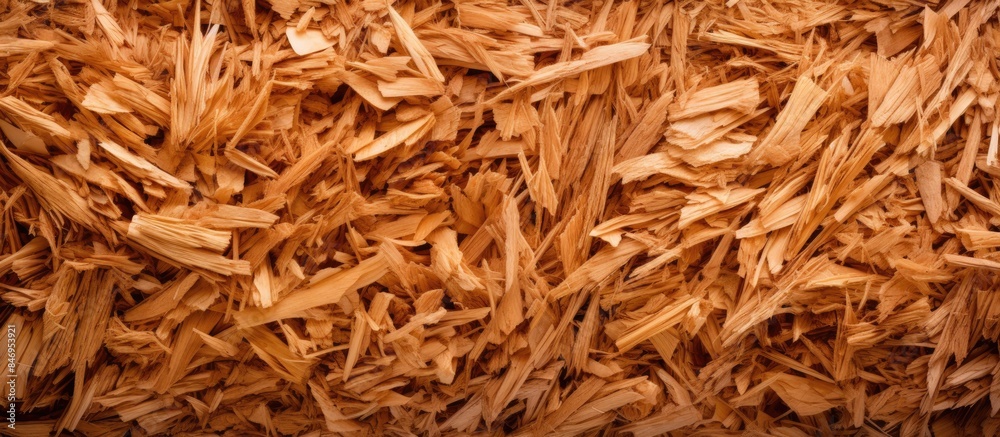 Aufkleber Close-up view of a stack of wood chips, showcasing the texture and details of pressed brown shavings. with copy space image. Place for adding text or design
