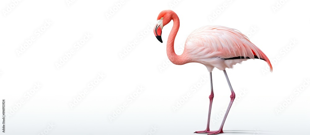 Aufkleber pink flamingo standing gracefully on a plain white background. with copy space image. place for addi
