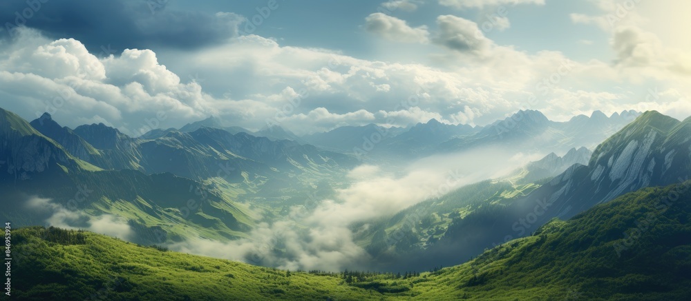 Aufkleber Scenic view of clouds hovering over a serene valley nestled between majestic mountains. with copy space image. Place for adding text or design