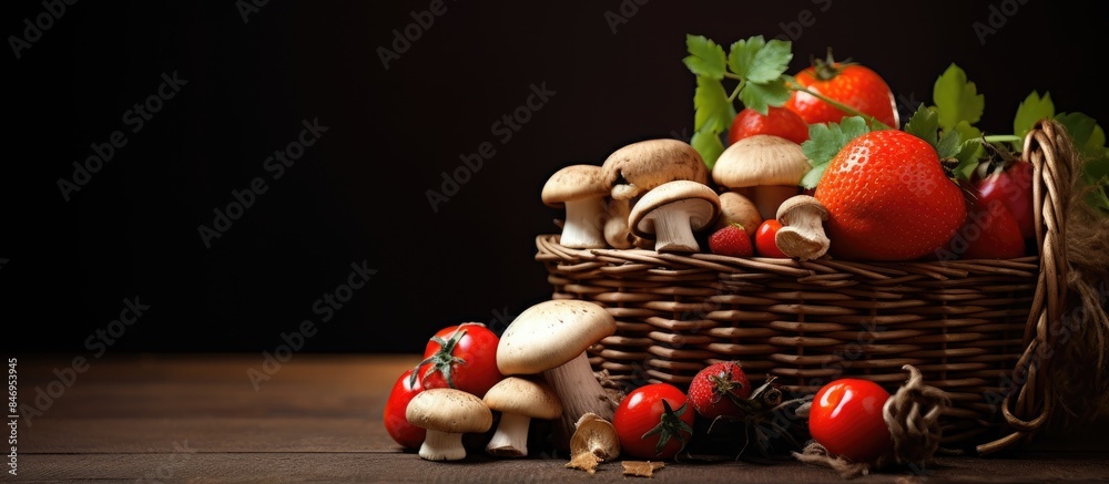 Poster A close-up view of a variety of mushrooms and tomatoes neatly arranged in a basket on a wooden table. with copy space image. Place for adding text or design