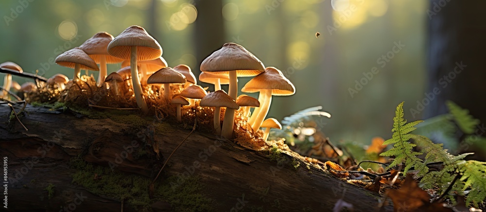 Fototapete Sunlight filters through dense woods, illuminating mushrooms growing on a log amidst the trees. with copy space image. Place for adding text or design
