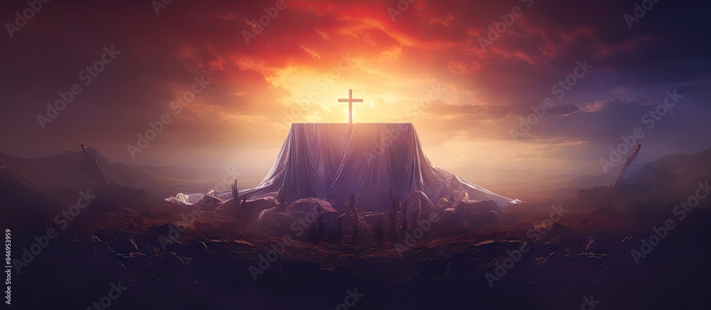 Aufkleber Cross on hill with sky background, Resurrection of Jesus Christ tomb empty with shroud and crucifixion at sunrise with abstract magic lights. with copy space image. Place for adding text or design