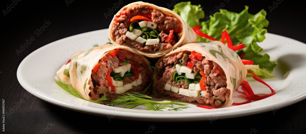 Aufkleber Plate displaying three burritos with a filling of lettuce and tomato, presented appetizingly. with copy space image. Place for adding text or design