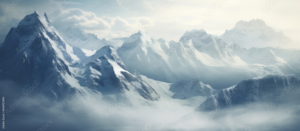 Poster Snow blankets the towering cliffs and mountain peaks of the Alps, shrouded in clouds against the sky. with copy space image. Place for adding text or design