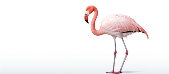 Obraz premium Pink flamingo standing gracefully on a plain white background. with copy space image. Place for adding text or design