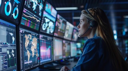 Fototapeta premium Woman works in a control room, monitoring multiple screens displaying data visualizations, maps, and real-time information.