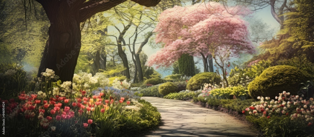 Aufkleber Scenic garden pathway surrounded by vibrant flowers in bloom, creating a picturesque spring scene with an artistic touch. with copy space image. Place for adding text or design