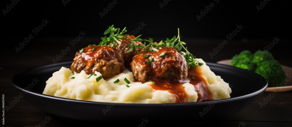 Aufkleber Meatballs in savory gravy served with a side of creamy mashed potatoes on a plate. with copy space image. Place for adding text or design