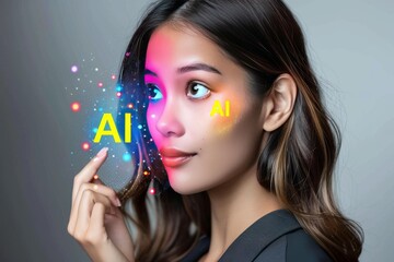 Obraz premium Woman with AI hologram, digital art, technology innovation, artificial intelligence, high tech visuals, modern design, cyber theme, creative portrait