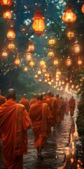 Monks leading a religious procession on Asalha Bucha Day at a sacred location.