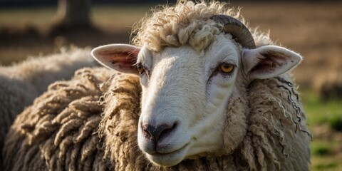 A detailed close-up of a sheep with a thoughtful expression against a natural background representing tranquility
