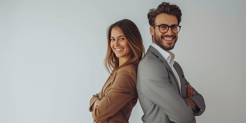 Confident Man and Woman Standing Back-to-Back in Professional Attire. Business Portrait