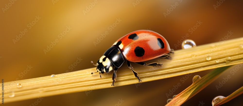 Poster Ladybug sits on green grass stem in golden autumn field, breezed by wind, creating a serene scene of nature. with copy space image. Place for adding text or design