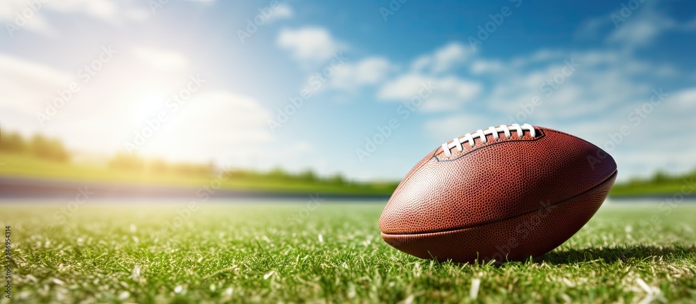 Poster close-up shot of a professional american football ball placed on a field with a clear blue sky backg