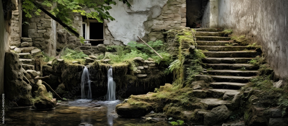 Poster Flowing water from a small waterfall peacefully meandering between two city buildings. with copy space image. Place for adding text or design