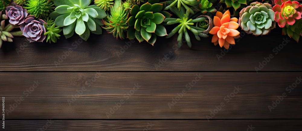 Leinwandbilder An assortment of various succulent plants placed on a rustic wooden table. with copy space image. Place for adding text or design