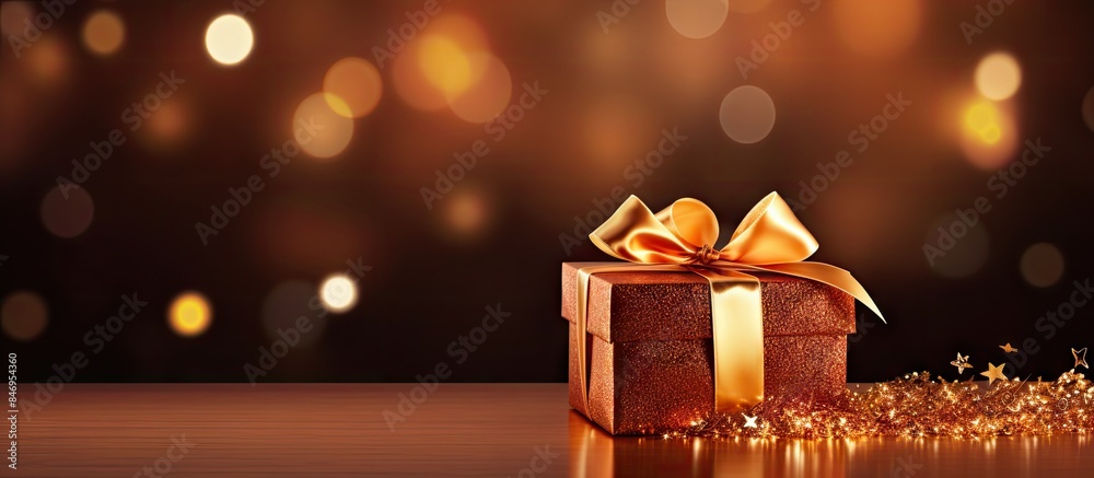 Poster a festive gift box with a shiny gold bow displayed on a table, perfect for new year's and holiday ce
