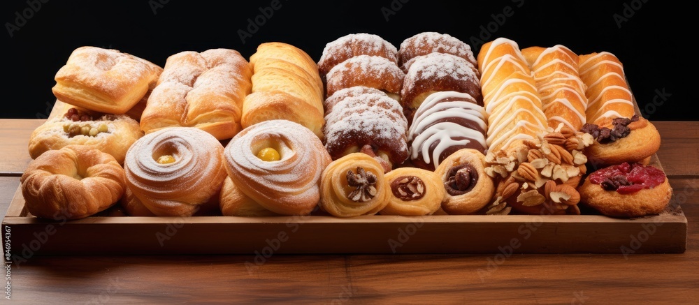 Poster Tray showcasing a delectable assortment of freshly baked Italian pastries. with copy space image. Place for adding text or design