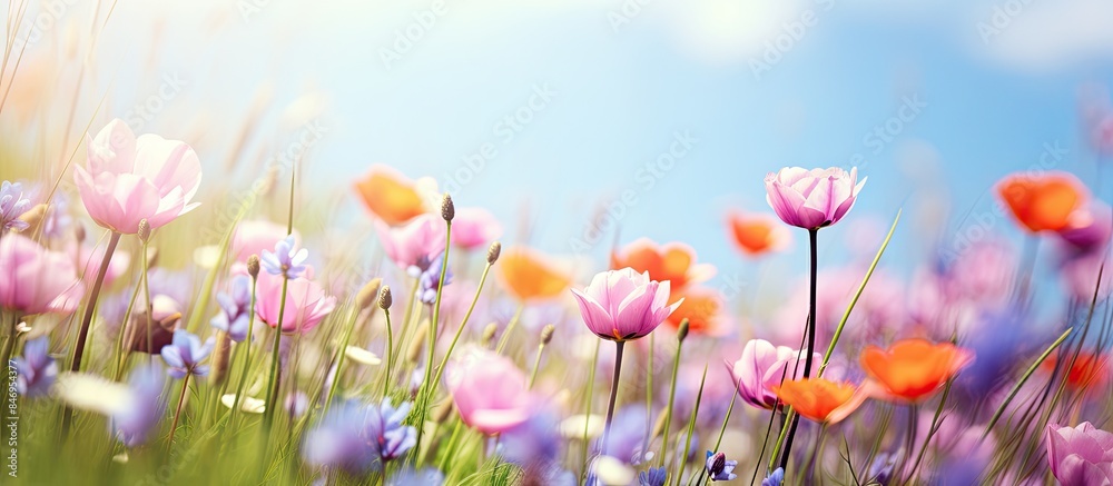 Poster Vibrant spring flowers blooming in the foreground with a softly blurred blue sky background. with copy space image. Place for adding text or design