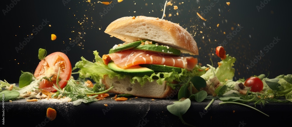 Aufkleber sandwich featuring lettuce, tomato, and cheese served on a dark surface. another dish includes salmo