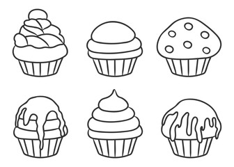 hand drawn cupcake set, doodle, sweet food, black and white, outline, muffin, cream, frosting, silhouette drawing, vector illustration