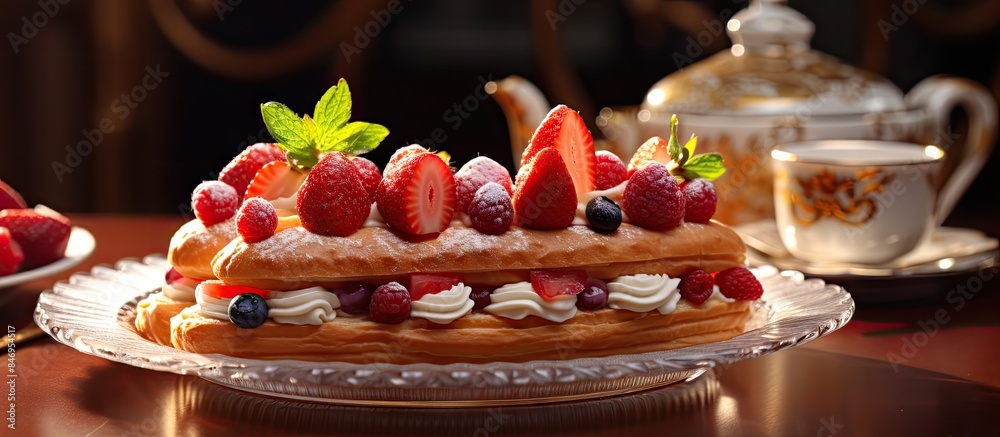Poster delicious cake topped with fresh strawberries and juicy blueberries, a delightful dessert. with copy