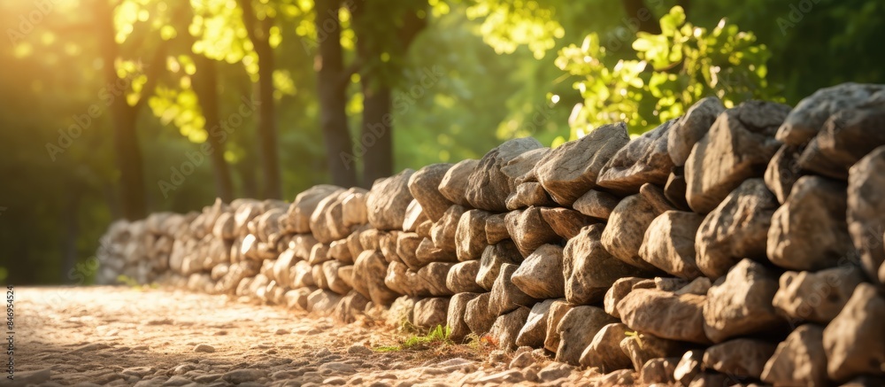 Poster Stone wall with a heap of stones under sunlight and trees in the background. with copy space image. Place for adding text or design