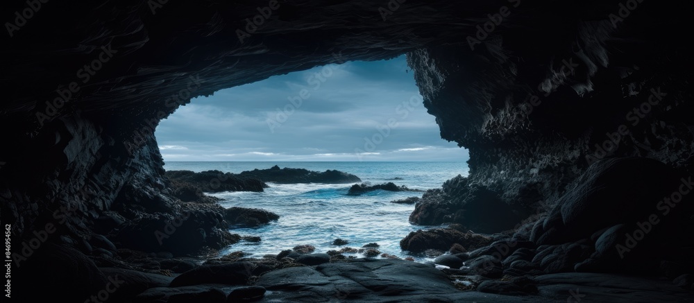 Aufkleber Hidden within the depths of a dark cave, an enchanting view of the ocean and rugged rocks unfolds near the sea. with copy space image. Place for adding text or design