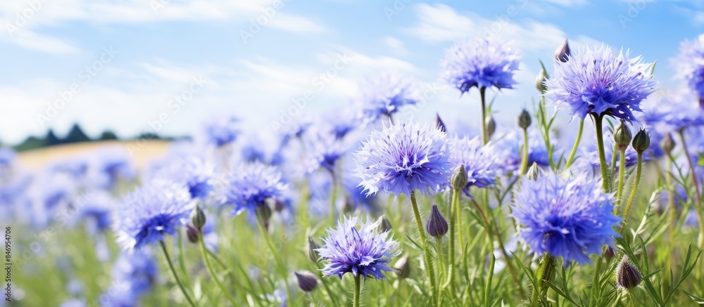 Poster various shades of blue flowers blooming in a lush green grass field under the clear sky. with copy s