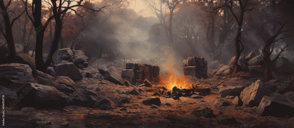 Poster Fire burning among stones and trees in a forest setting, creating a warm and natural ambiance. with copy space image. Place for adding text or design