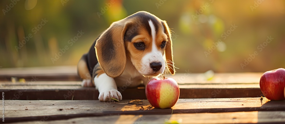 Poster Adorable young beagle puppy exploring and sniffing a fresh apple placed on a wooden platform with a sunbeam shining down. with copy space image. Place for adding text or design