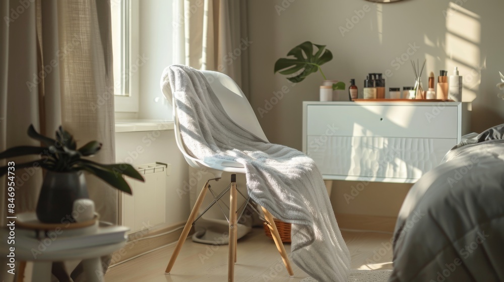 Poster a white chair with a blanket draped over it sits next to a window in a bright bedroom. natural light
