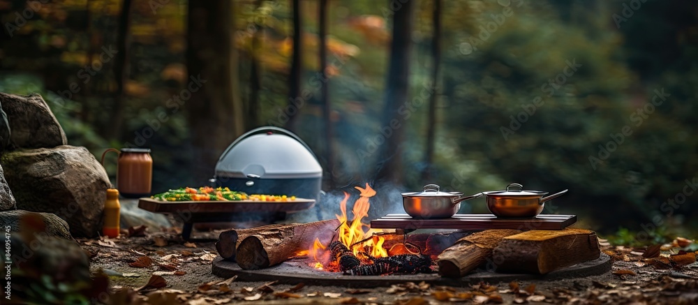 Poster truck equipped with heavy-duty tire moves close to roaring fire pit with grill and steaming pots dur