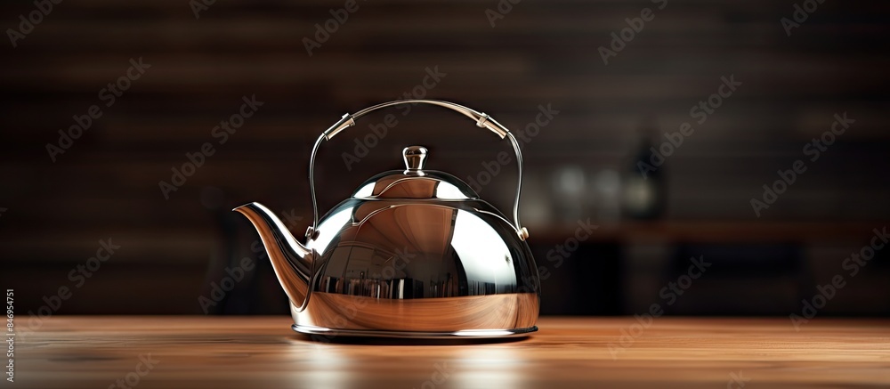Aufkleber Teapot placed on a simple wooden table surface. with copy space image. Place for adding text or design