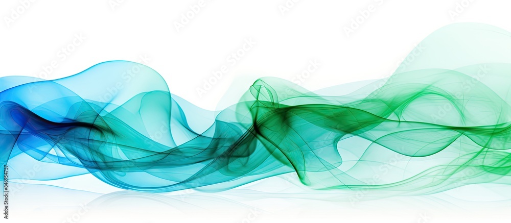 Poster Abstract blue and green smoke swirling against a clean white backdrop, creating a mesmerizing and dynamic visual effect. with copy space image. Place for adding text or design